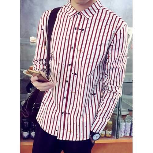 Trendy Shirt Collar Geometric Print Color Block Long Sleeves Men's Slim Fit Plus Size Striped Shirt - Red 4xl