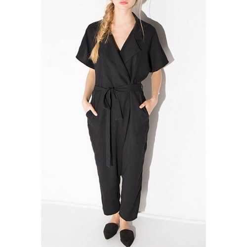 Fashionable Turn-Down Collar Solid Color Tie-Up Short Sleeve Jumpsuit For Women - Black S