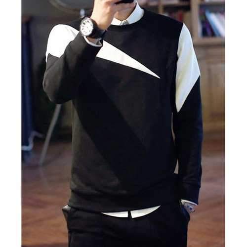 Stylish Slimming Round Neck Black White Irregular Spliced Men's Long Sleeves Sweatshirt - Black M