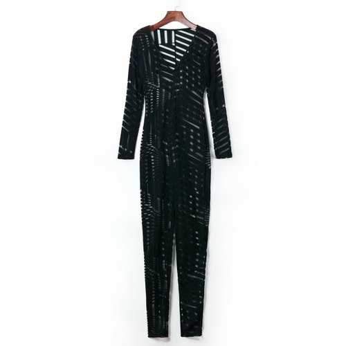 Sexy Plunging Neck Striped See-Through Long Sleeve Jumpsuit For Women - Black One Size(fit Size Xs To M)