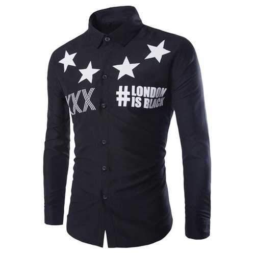 Fashion Slimming Shirt Collar Five-Point Star Pattern Long Sleeve Polyester Shirt For Men - Black L