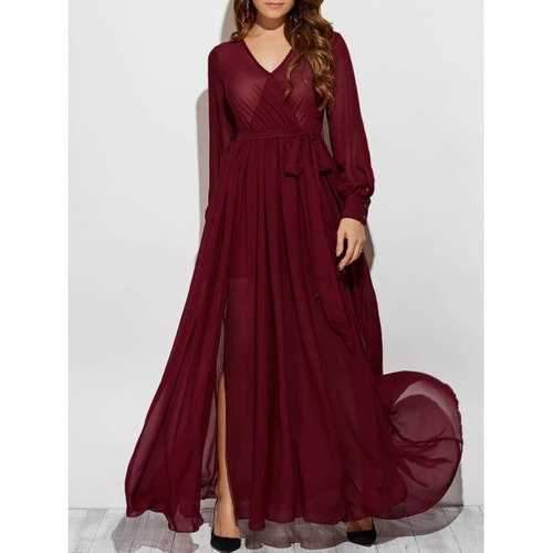 Stylish V Neck Long Sleeve See-Through Slit Women's Maxi Dress - Wine Red M