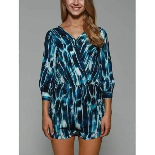 Stylish Plunging Neck Long Sleeve Print Backless Women's Playsuit - Xs