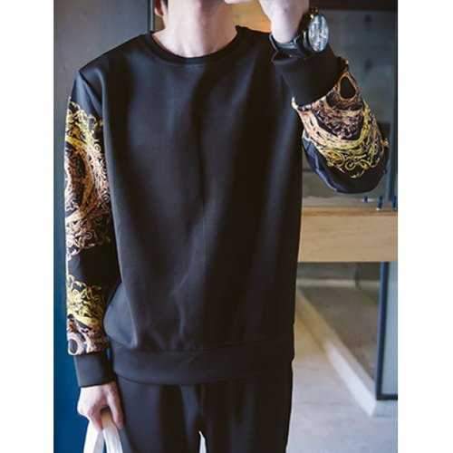 Round Neck Flower Cirrus Pattern Splicing Long Sleeve Men's Sweatshirt - Black L