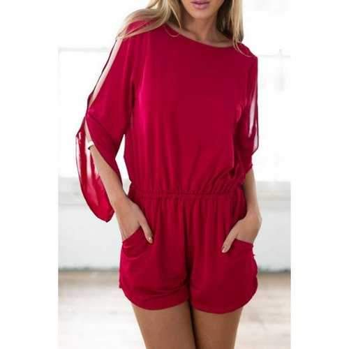 Stylish Boat Neck Split Sleeve Hollow Back Women's Red Romper - Red S