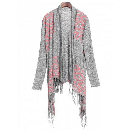 Stylish Collarless Long Sleeve Fringed Asymmetrical Women's Cardigan - Gray S