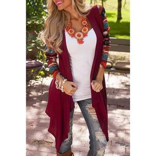 Color Block Printed Long Sleeve Cardigan - Red Xl