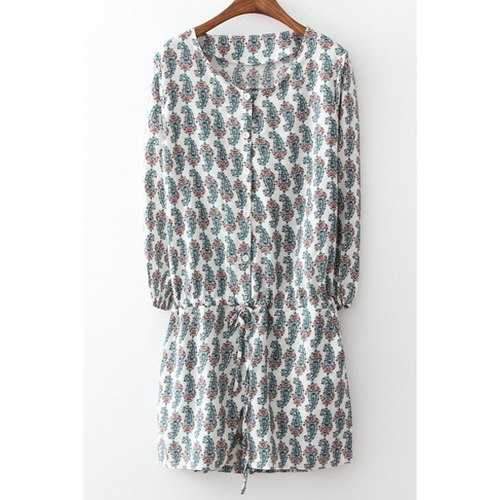 Stylish Scoop Neck Long Sleeve Full Paisley Print Women's Playsuit - Gray M
