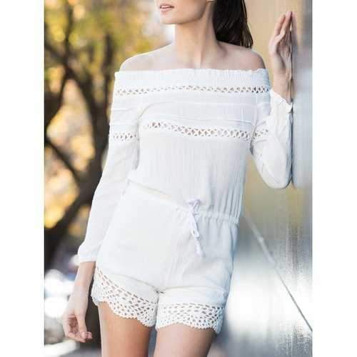 Alluring Off-The-Shoulder Long Sleeve Drawstring Women's White Romper - White S
