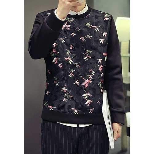 Round Neck Flower Emboss Long Sleeve Bird Print Men's Sweatshirt - Black L