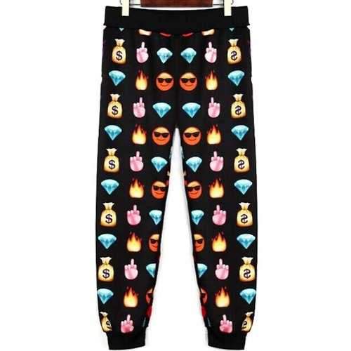 Active Mid Waist Smilling Face Pattern Diamond and Fire Print Women's Pants - Black M