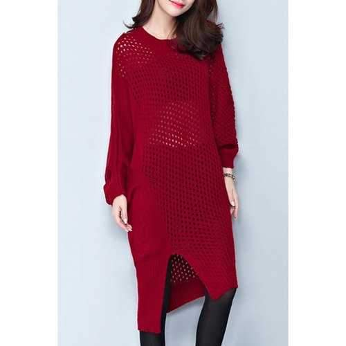 Stylish Round Neck Long Sleeve Hollow Out Asymmetrical Women's Dress - Red M