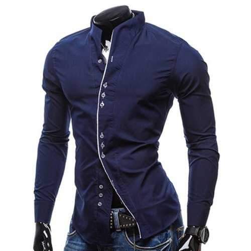 Slimming Stand Collar Personality Button Fly Hit Color Covered Edge Men's Long Sleeves Shirt - Cadetblue M