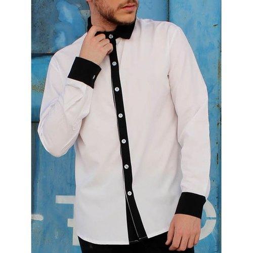 Simple Shirt Collar Color Block Button Fly Slimming Men's Long Sleeves Shirt - White M