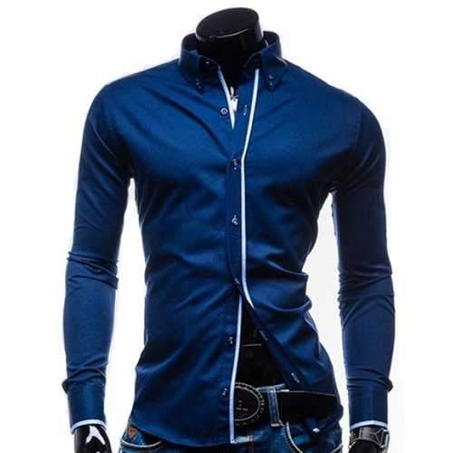 Casual Shirt Collar Color Block Stripes Spliced Slimming Long Sleeves Men's Button-Down Shirt - Cadetblue 2xl