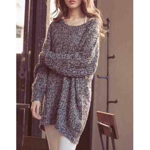 Sweet Scoop Neck Color-Mixture Knitted Loose Pullover Sweater For Women - Gray One Size(fit Size Xs To M)