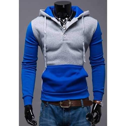 Single-Breasted Hooded Front Pocket Color Splicing Slimming Men's Long Sleeves Hoodie - Blue L