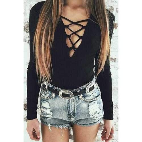 Stylish Plunging Neck Long Sleeves Solid Color Lace-Up Women's Romper - Black L