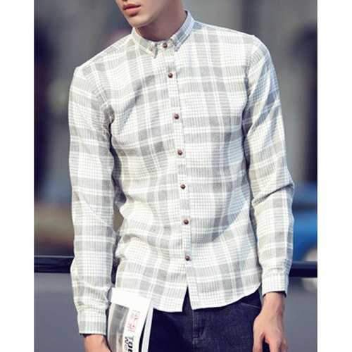 Turn-Down Collar Slimming Palid Long Sleeve Button-Down Men's Shirt - Gray Xl