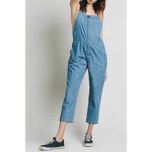 Stylish Bleach Wash Pocket Design Women's Suspender Jeans - Light Blue Xs