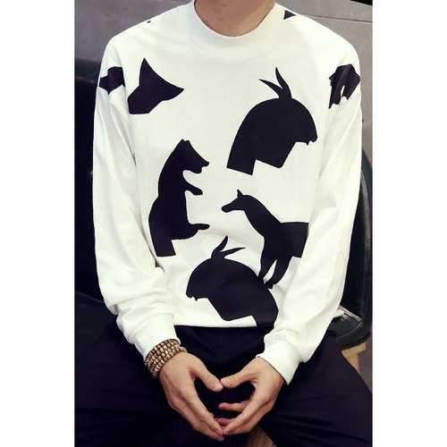 Round Neck Animal Scissor-Cut Pattern Long Sleeve Drop Shoulder Men's Sweatshirt - White M