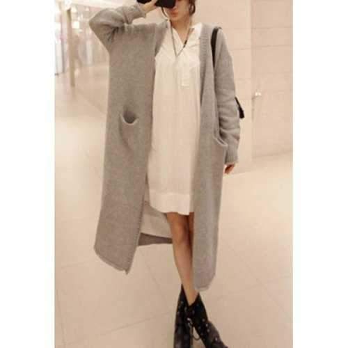 Casual Solid Color Collarless Loose Long Cardigan For Women - Light Gray One Size(fit Size Xs To M)
