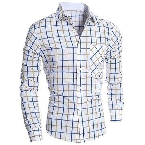Classic Color Block Exquisite Patch Pocket Shirt Collar Long Sleeves Men's Slimming Plaid Shirt - Blue And Yellow L