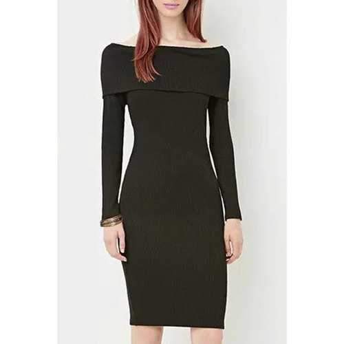 Fashionable Boat Neck Long Sleeve Bodycon Sweater Dress For Women - Black One Size(fit Size Xs To M)