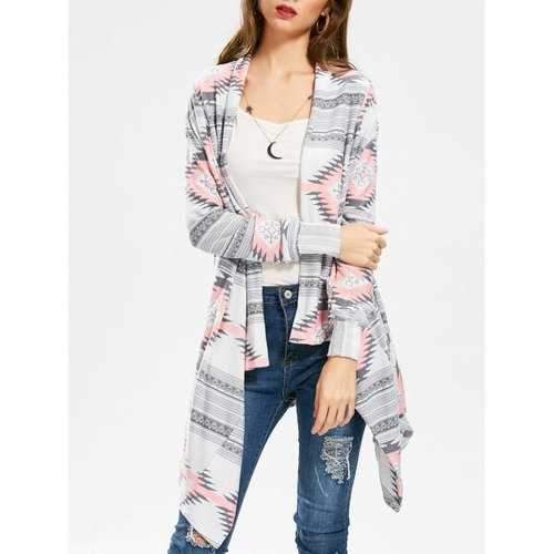 Geometric Printed Long Sleeve Asymmetric Cardigan - Pink L