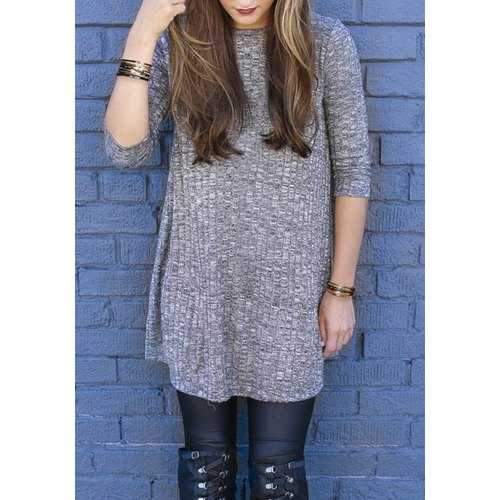 Brief Round Collar 3/4 Sleeve Loose-Fitting Women's Gray Knitwear - Gray S