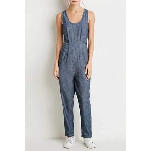 Stylish Scoop Neck Sleeveless Pure Color Women's Jumpsuit - Blue Xl