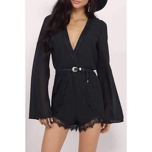 Alluring Plunging Neck Long Sleeve Lace Patchwork Women's Chiffon Romper - Black M