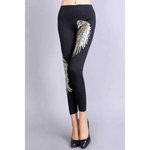 Fashionable Wing Shape Sequined Bodycon Ankle Leggings For Women - Black One Size(fit Size Xs To M)