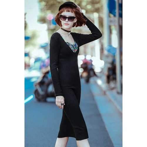 Trendy V Neck Long Sleeve Side Slit Women's Sweater Dress - Black M
