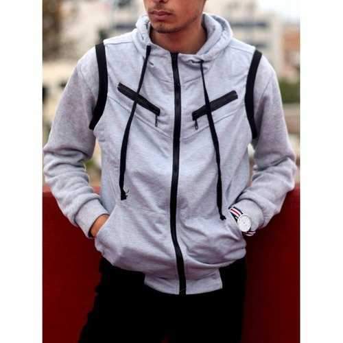 Hooded Drawstring Zipper Embellished Sleeveless Cotton Blends Men's Waistcoat - Light Gray 2xl