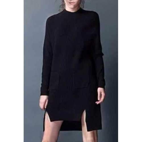 Trendy Jewel Neck Long Sleeve Pure Color Side Slit Women's Sweater Dress - Black One Size(fit Size Xs To M)