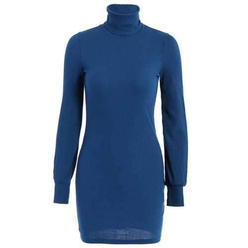 Casual Turtleneck Long Sleeve Pure Color Knitted Women's Dress - Blue S