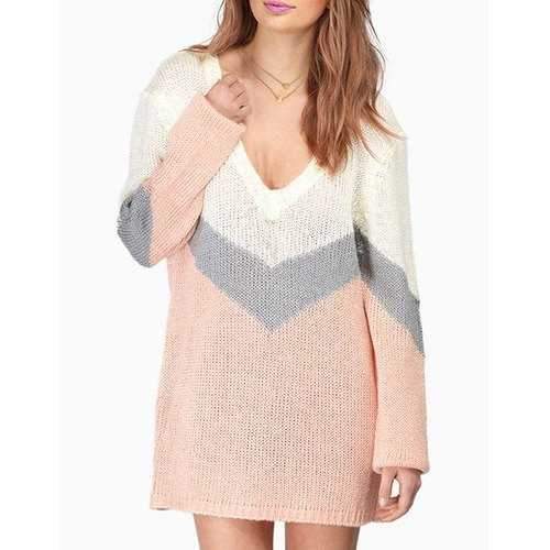 Chic Plunging Neck Long Sleeve Hit Color Women's Sweater Dress - Pink S