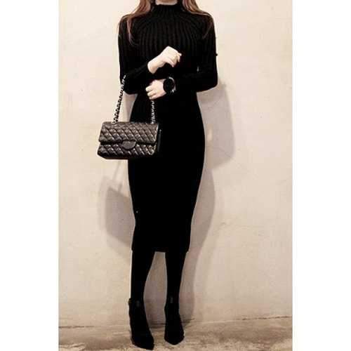 Stylish Turtleneck Long Sleeve Solid Color Sweater Dress For Women - Black One Size(fit Size Xs To M)