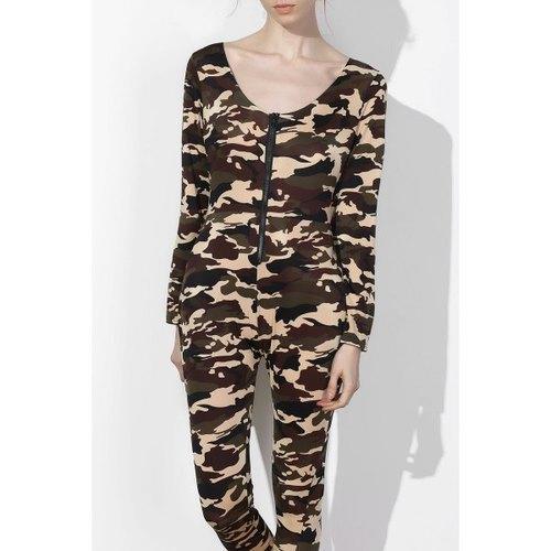 Sexy Plunging Neck Camo Long Sleeve Jumpsuit For Women - Army Green Xl