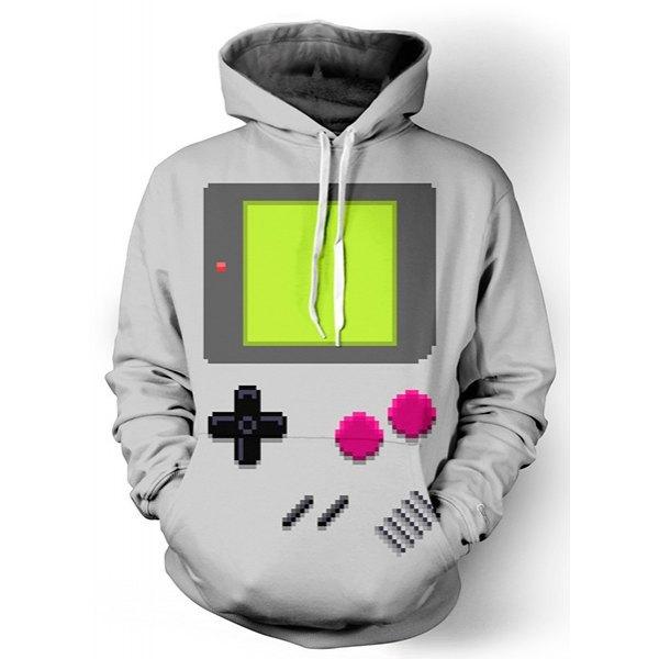 Rib Spliced 3D Geometric Print Front Pocket Loose Fit Drawstring Hooded Long Sleeves Men's Hoodie - Gray M