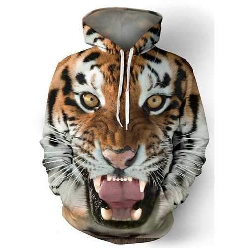 Hot Sale Drawstring Hooded Front Pocket Cool 3D Tiger Print Long Sleeves Men's Loose Fit Hoodie - L