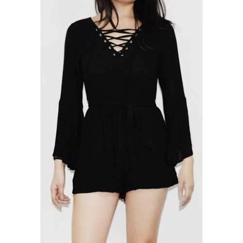 Sexy V-Neck Bell Sleeve Self-Tie Belt Women's Romper - Black One Size(fit Size Xs To M)