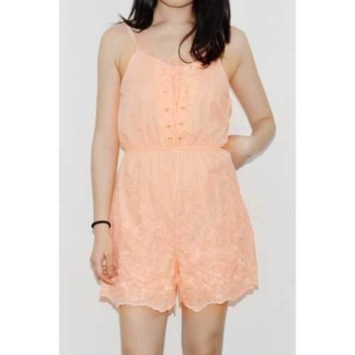 Stylish Spaghetti Strap Sleeveless Lace-Up Embroidered Women's Romper - Orangepink M