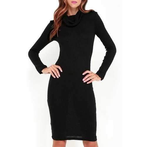 Stylish Heaps Collar Long Sleeve Black Women's Sweater Dress - Black M