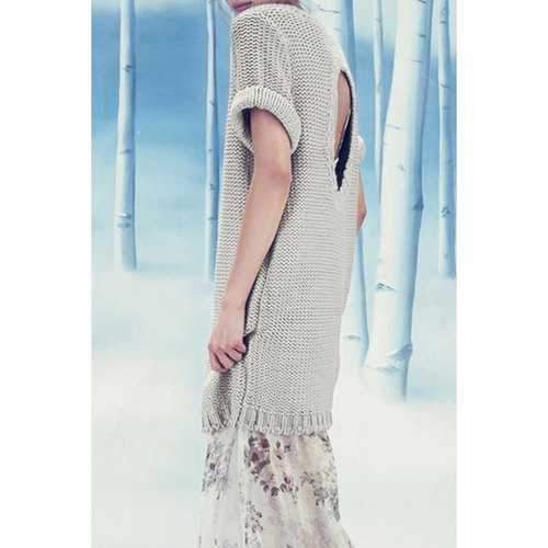 Stylish Round Collar Solid Color Back Cut Out Women's Sweater Dress - Light Gray S