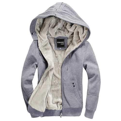 Hooded Long Sleeves Zip Up Fleece Hoodie - Light Gray Xl