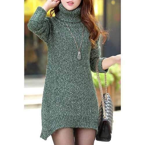 Stylish Turtleneck Long Sleeve Side Slit Women's Mini Sweater Dress - Green M