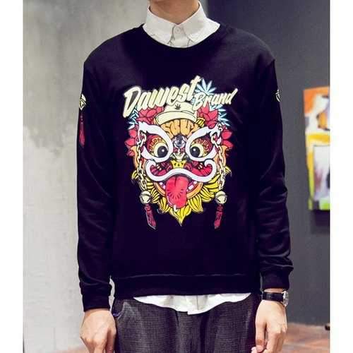 Slimming Round Neck Lion Print Rib Splicing Men's Sweatshirt - Black L
