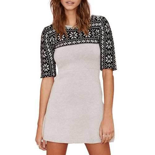 Active Round Collar Snowflake Printed Half Sleeve Ugly Christmas Sweater Dress For Women - White And Black M
